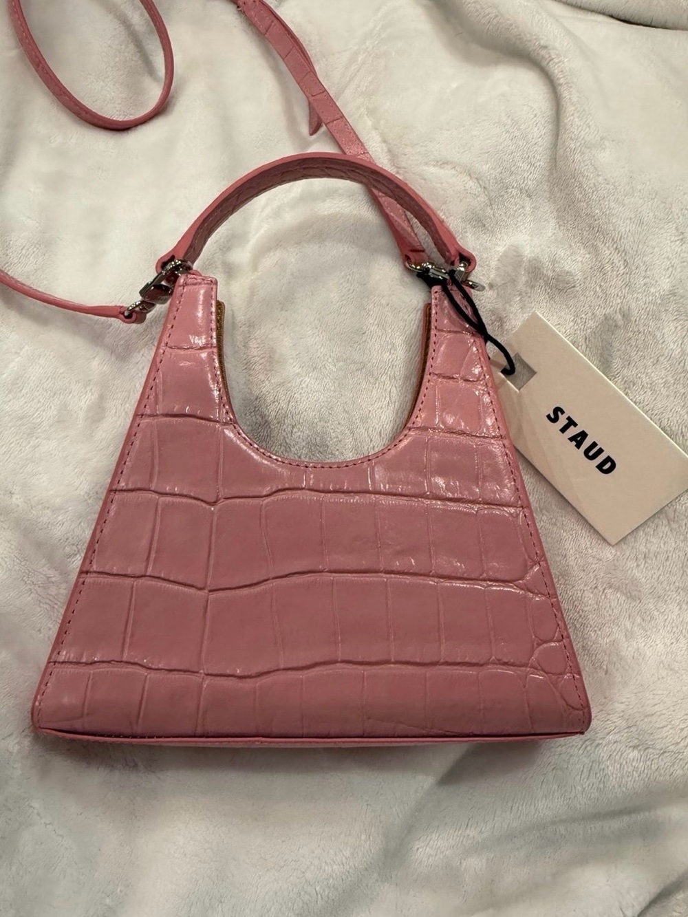 STAUD Croc-Effect Mini Top-Handle Bag in Rose Pink